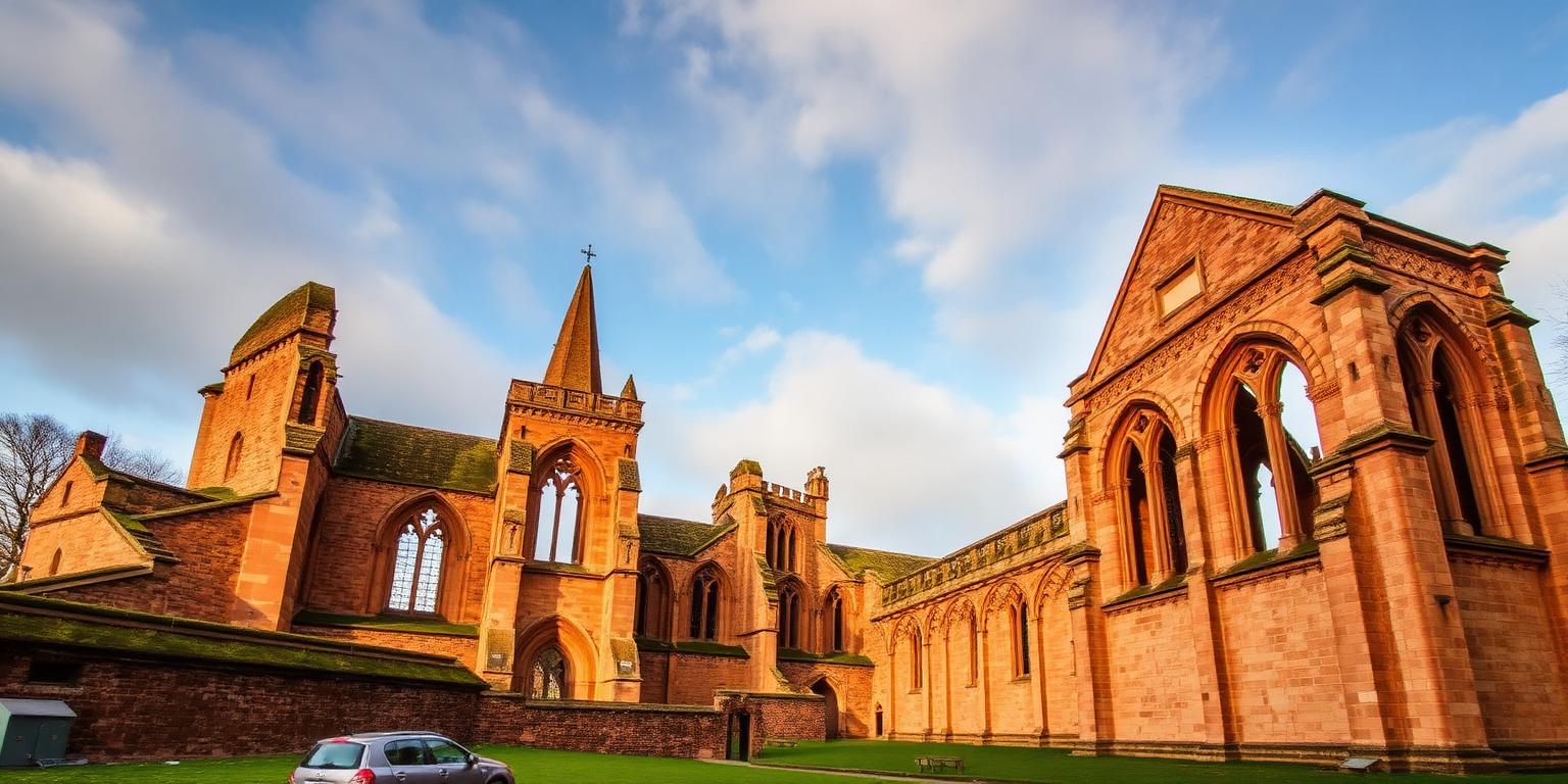 Sandstone ruins of Coventry's medieval cathedral against a blue sky