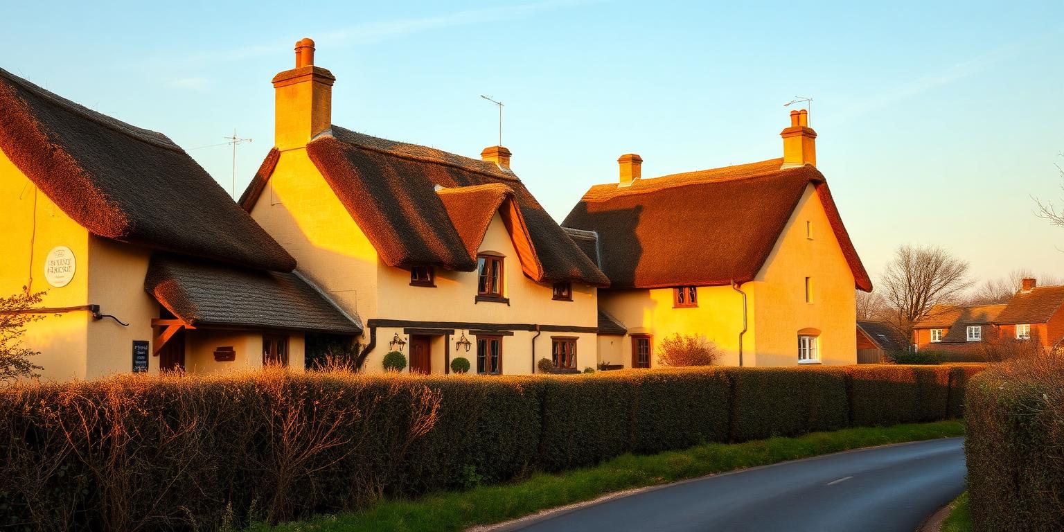 Honey-coloured thatched cottages on a Northamptonshire country lane