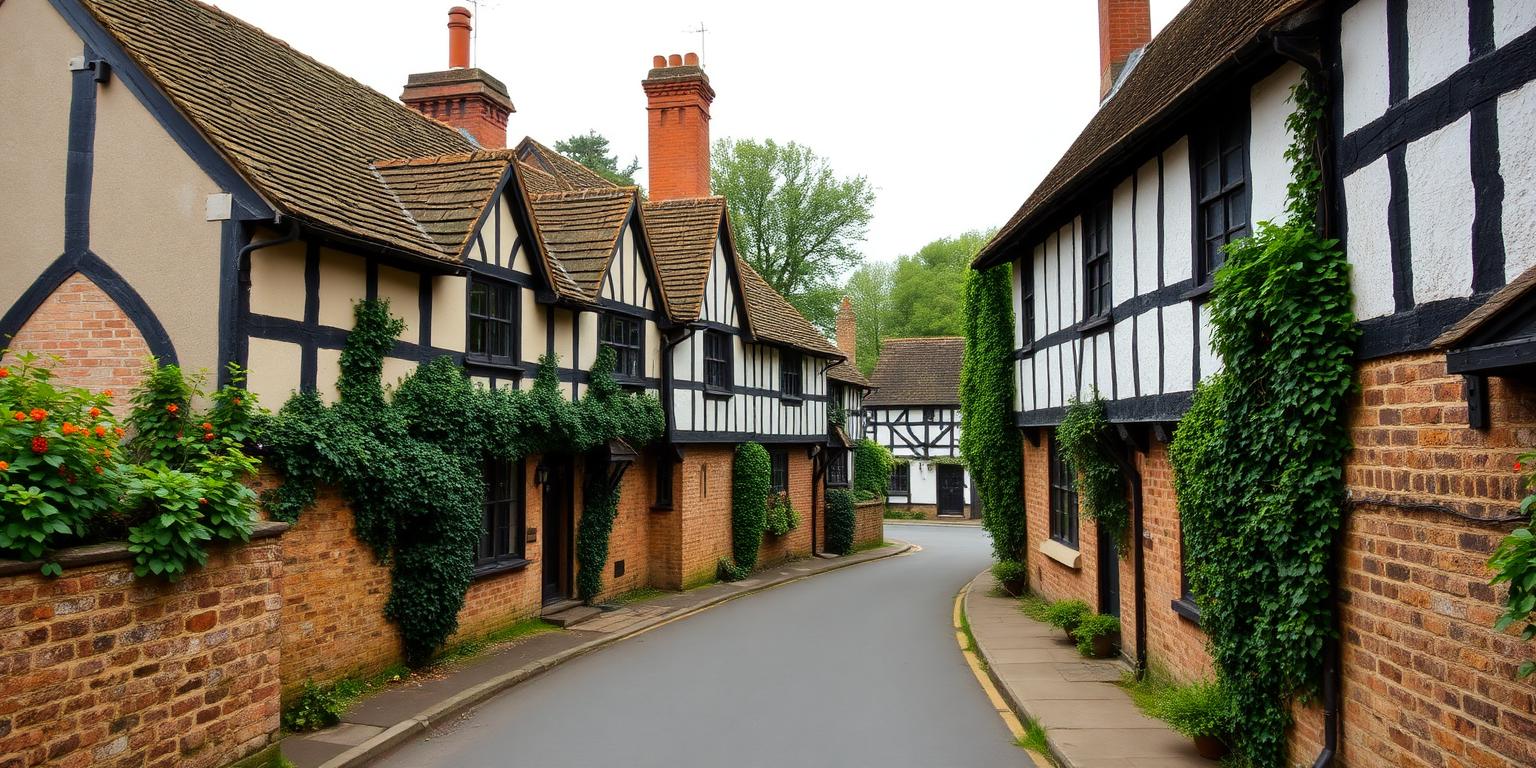 Tudor half-timbered cottages on a quiet Warwickshire village lane
