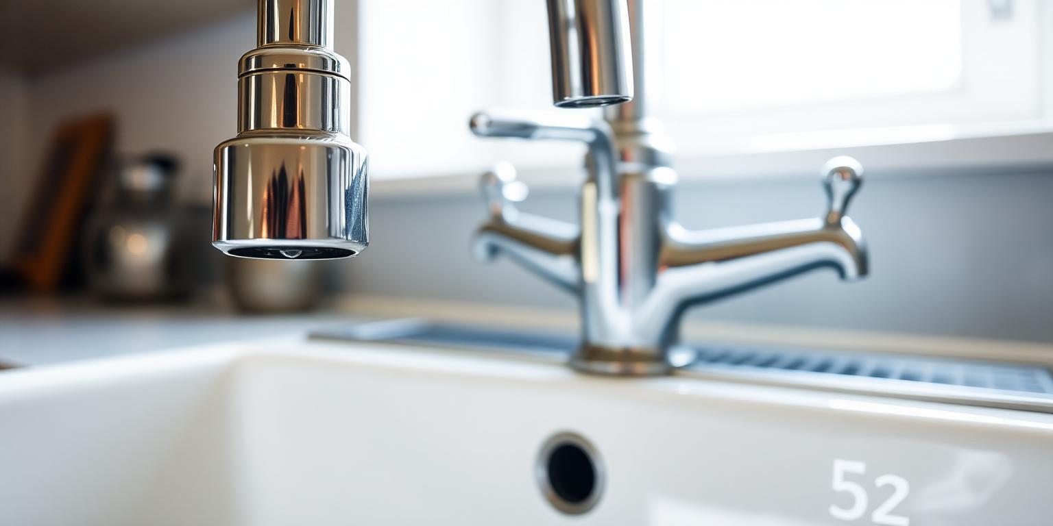 Polished chrome kitchen tap over a white ceramic sink in soft daylight