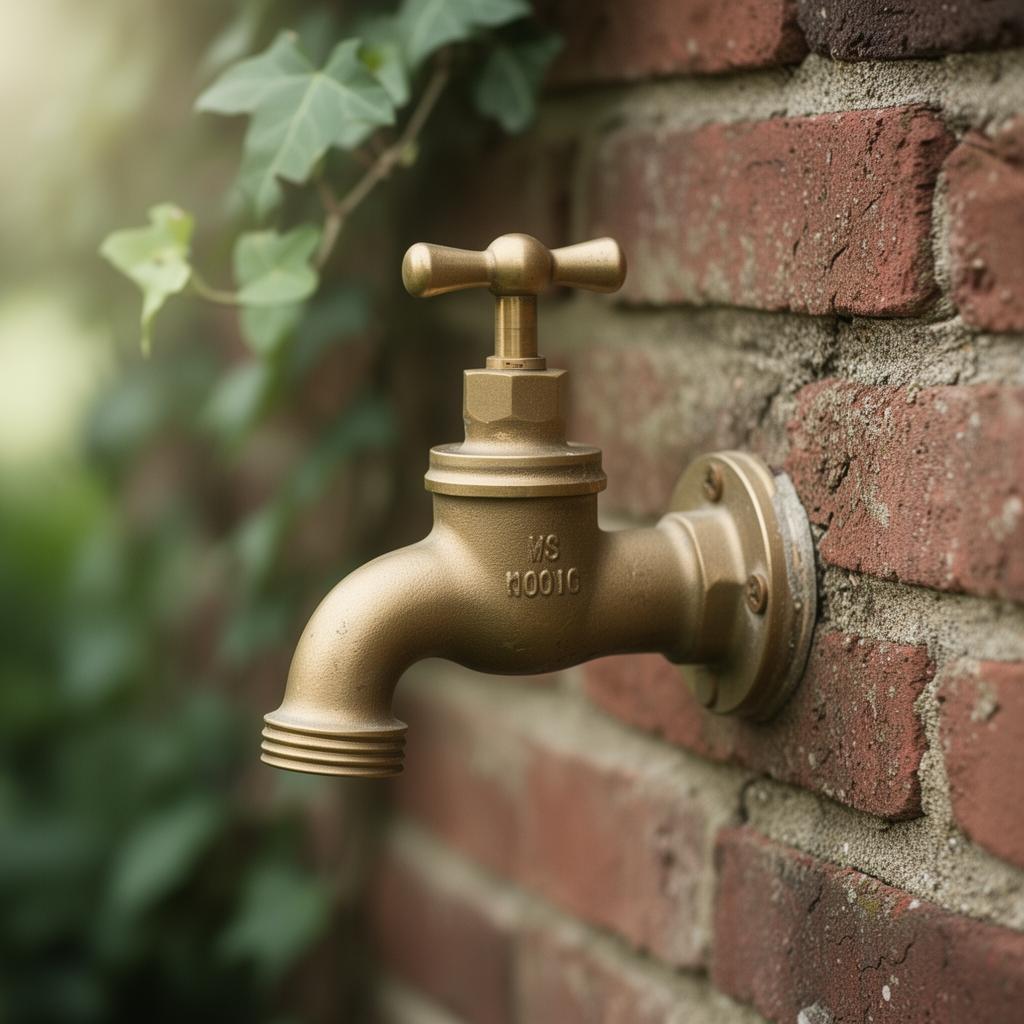 Brass outdoor garden tap on a weathered brick wall