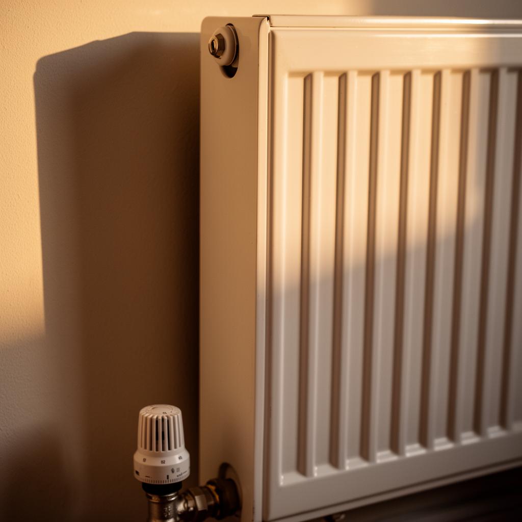 White panel radiator with thermostatic valve in warm daylight