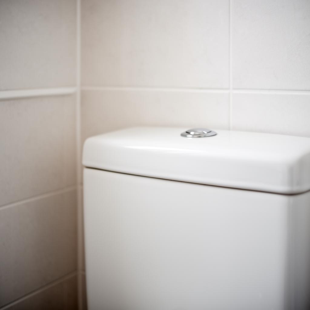 Clean white ceramic toilet cistern against tiled bathroom wall